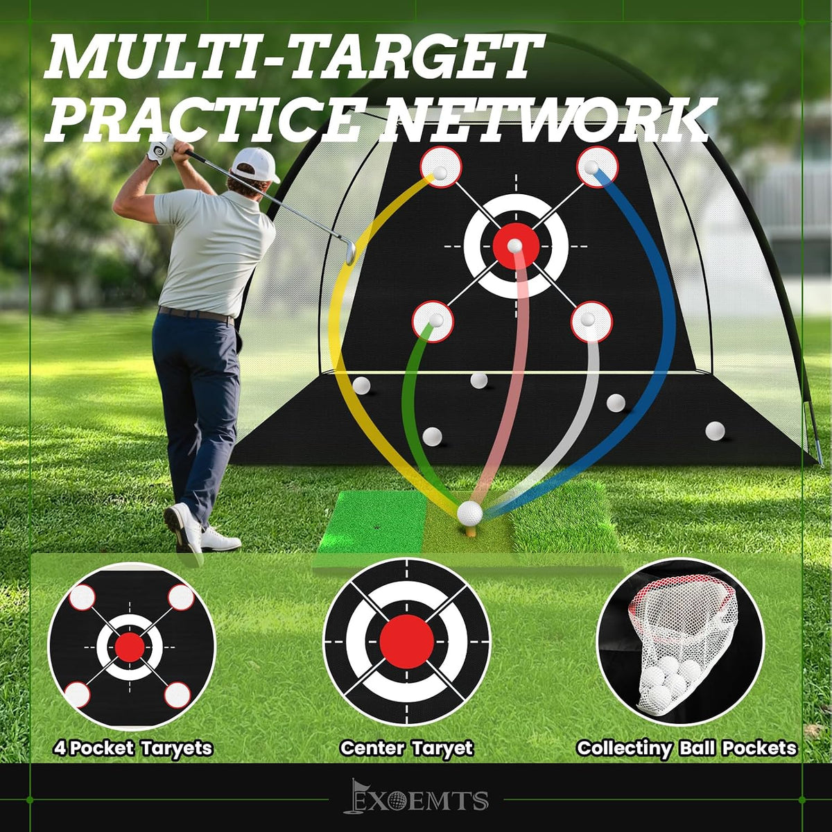 Golf Net 10x7FT with Tri-Turf Mat, Ball, Target & Bag, All-in-One Golf Practice Hitting Net for Backyard Driving