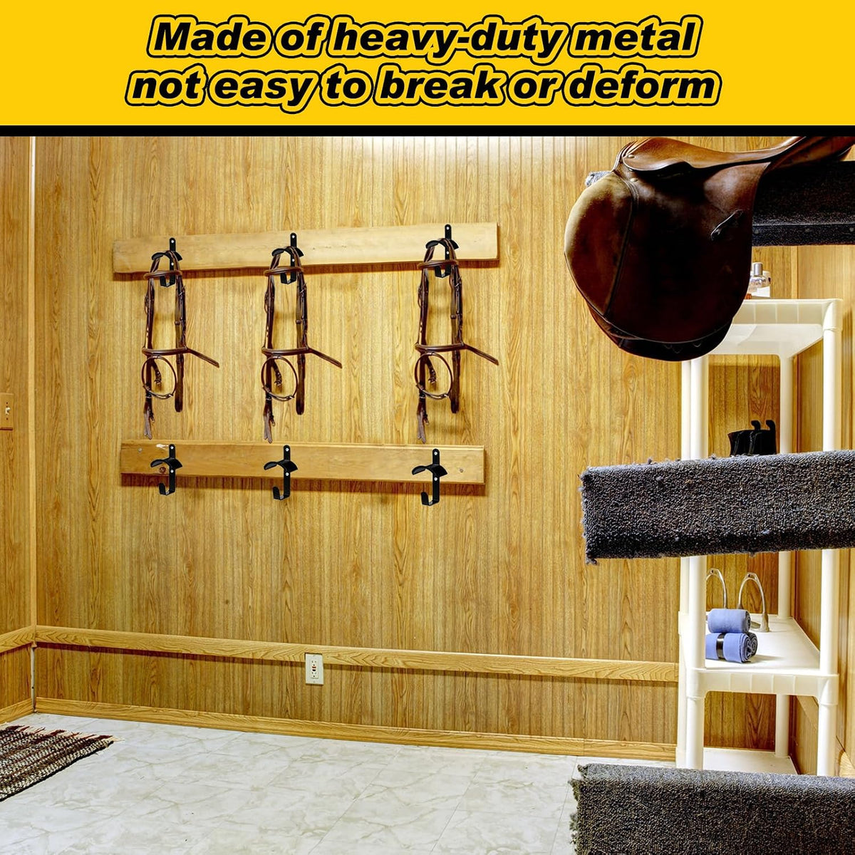 Horse Bridle Rack Wall Mount Black Metal Bridle Holder with Hook and Screws Bracket for Horse Barn Tack Room Stall