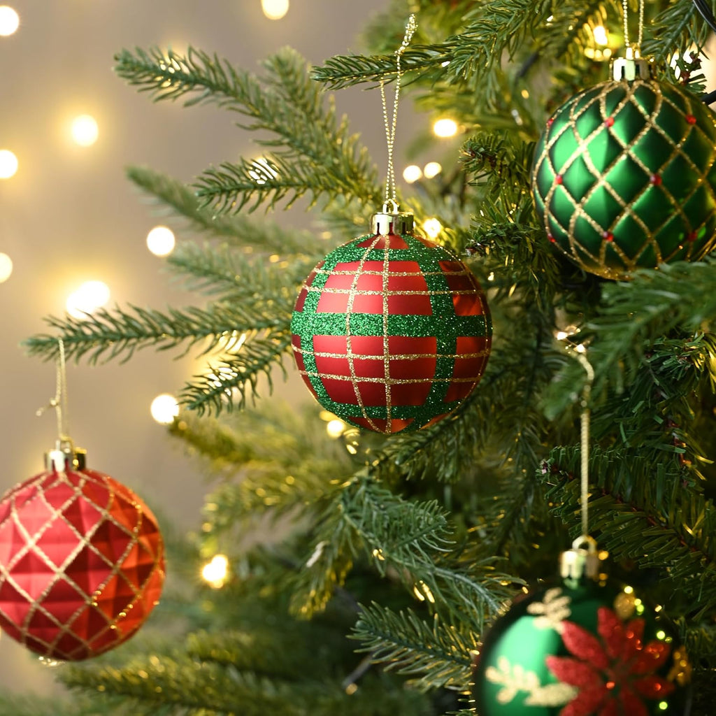 16ct Christmas Ball Ornaments Set, Red Green and Gold Shatterproof Hanging Decorations for Trees, 3.15 Inches