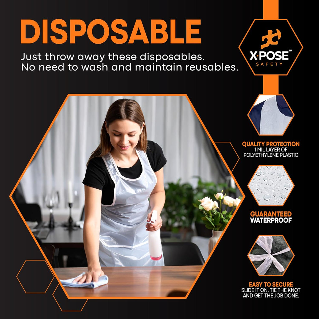 100 Pack White Disposable Aprons, Individually Wrapped Waterproof Polyethylene for Cooking, Food Prep and Cleaning, 1