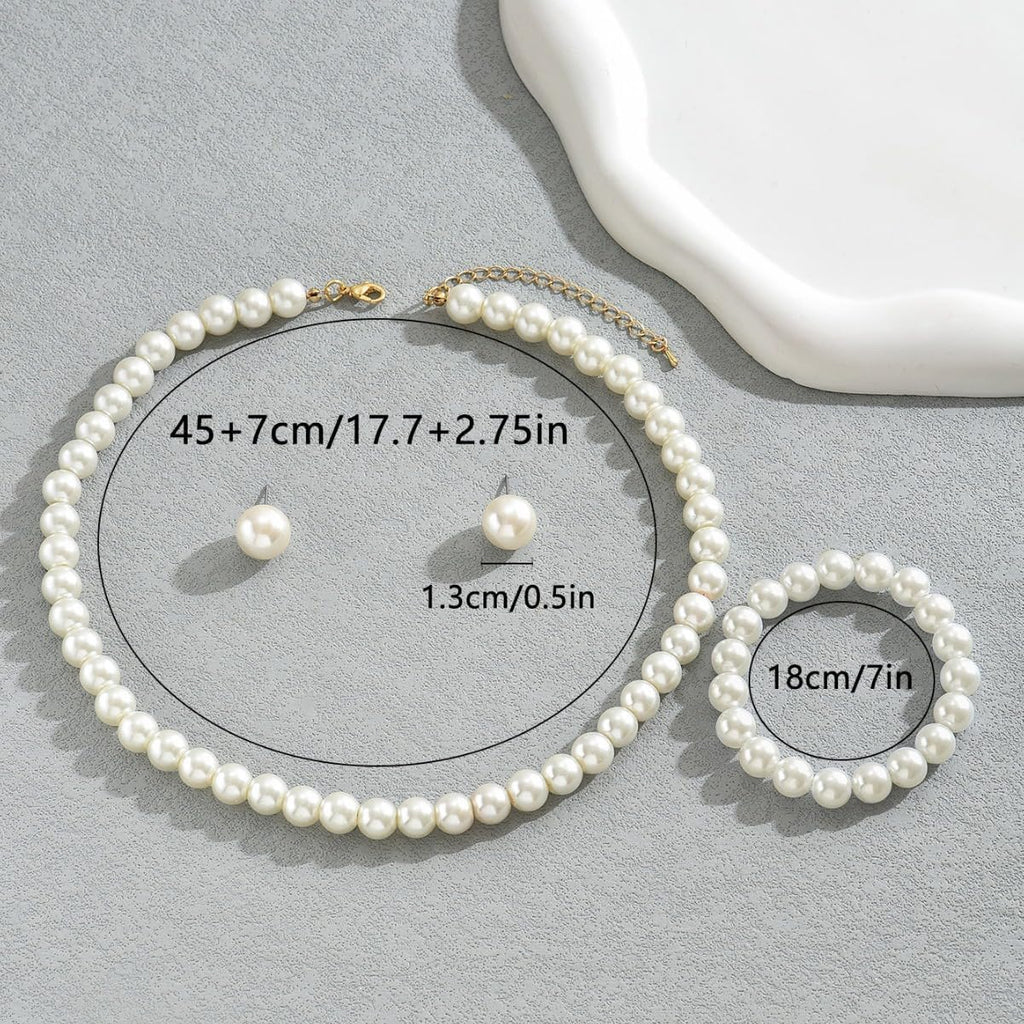 Pearl Necklace and Earring Set Faux Pearl Jewelry Sets for Women Imitation Beaded Pearl Necklace Bracelet Stud