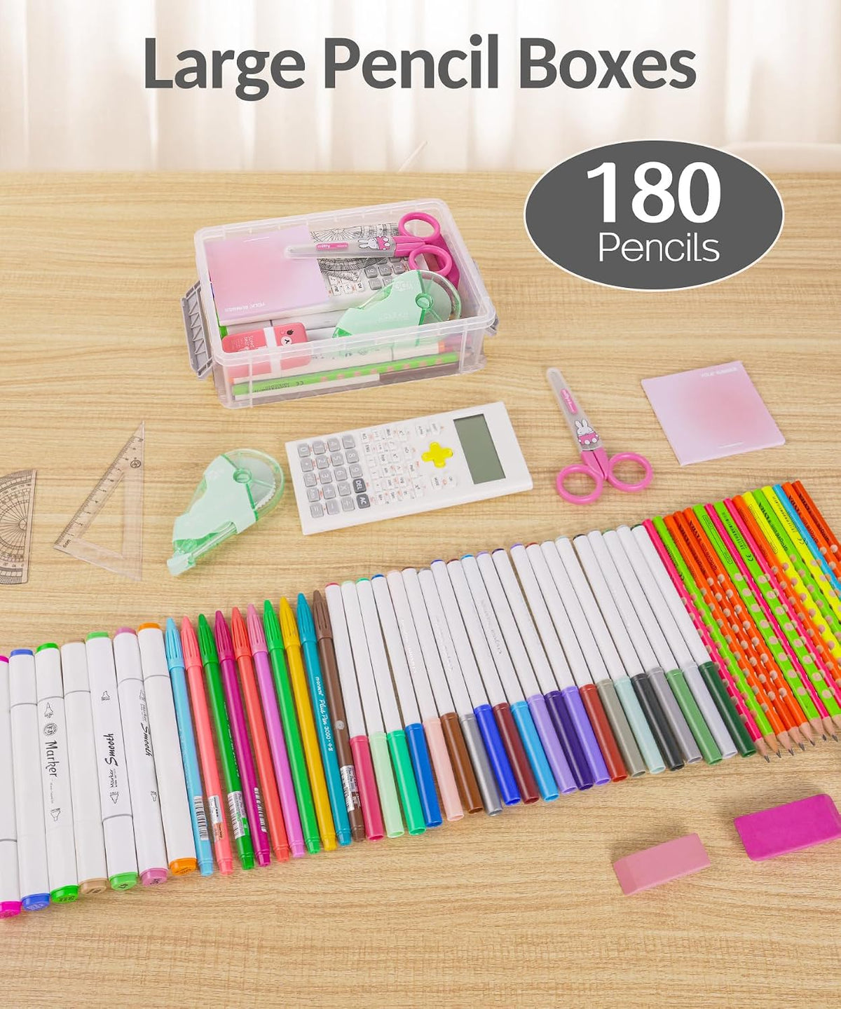 6 Pack Extra Large Pencil Box, Plastic Pencil Case Crayon Box
