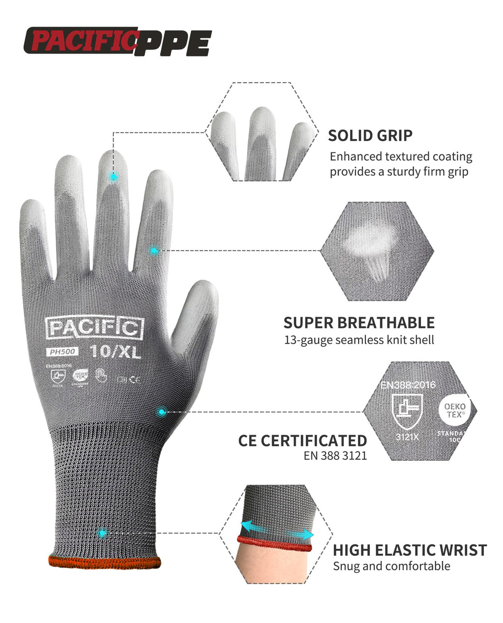PU Coated Grip Work Gloves, Touchscreen, Seamless Knit, Small