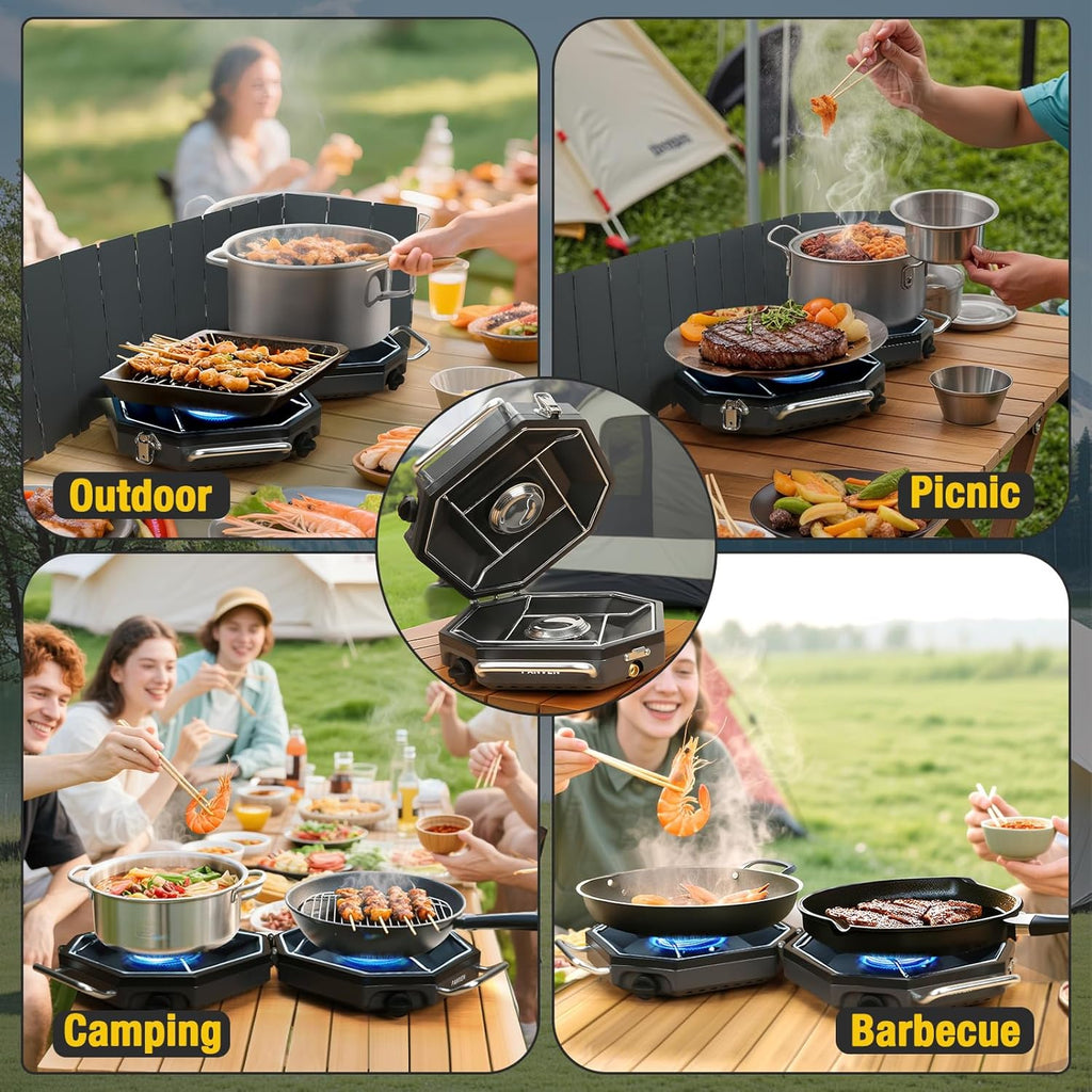 2 Burner Camping Stove, 20,000 BTU Propane Camp Stove with Wiandscreen | Foldable Portable Design with Storage Bag