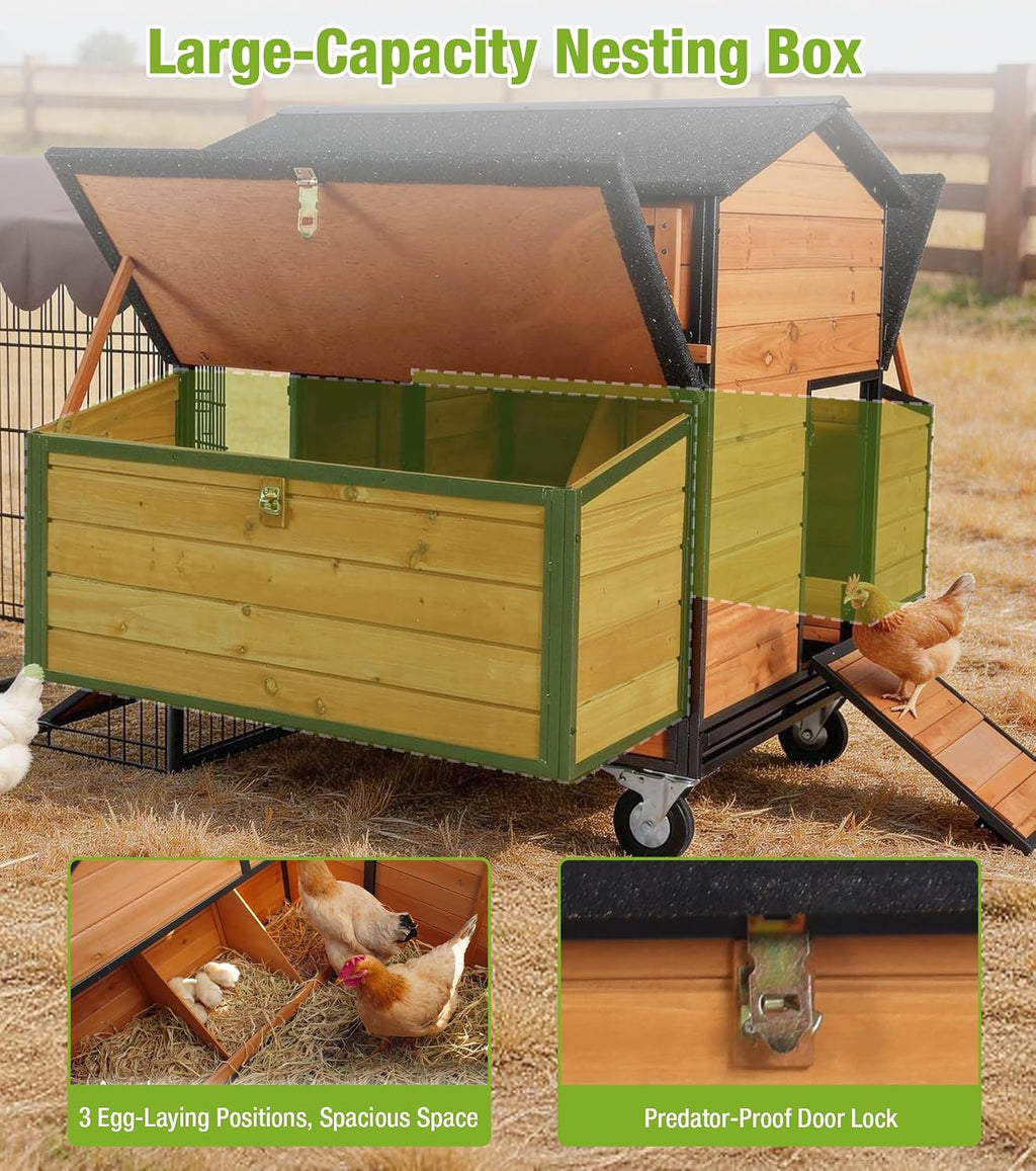 Large Chicken Coop with Run with All-Arounded Iron Frame Chicken Tractor Mobile Chicken House with Large Run and