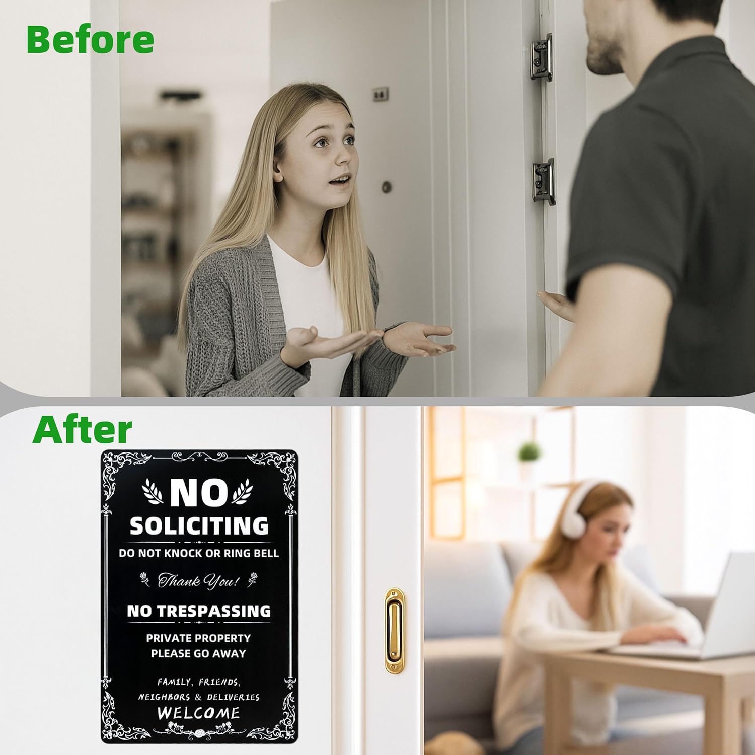 No Soliciting & No Trespassing Chic Metal Signs for Yard | Do Not Knock Or Ring Bell, Private Property, Indoor