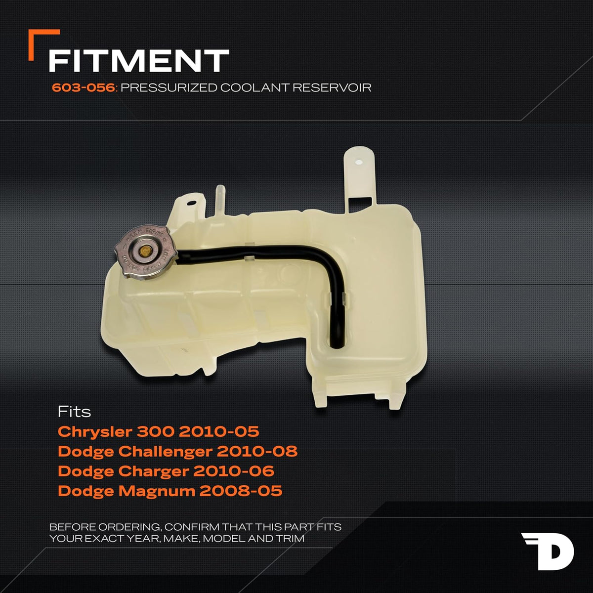 Dorman 603-056 Front Pressurized Coolant Reservoir with Cap Compatible with Select Chrysler / Dodge Models
