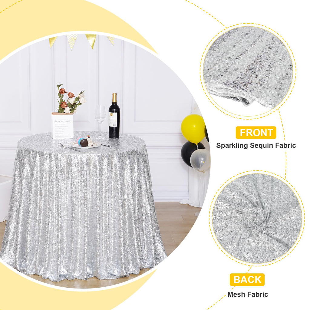 90 Inch Round Silver Sequin Tablecloth for Party Cake Dessert Table Exhibition Events