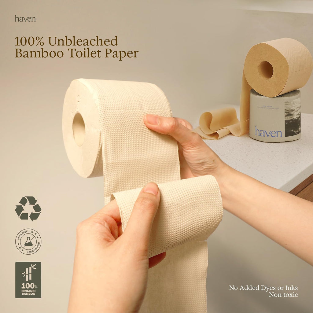 Haven Organic Bamboo Toilet Paper, Unbleached, 3-Ply, 24 Rolls, 300 Sheets