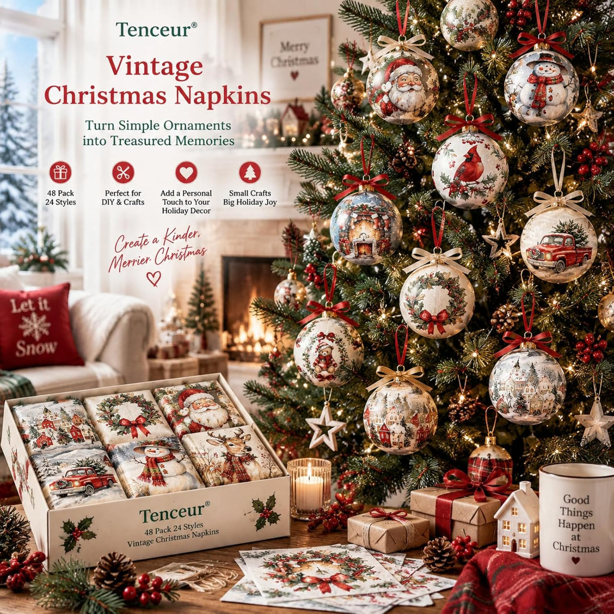 48 Pack 24 Styles Vintage Christmas Napkins for Decoupage, 13 Inch