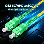 SC/APC to SC/APC OS2 Single Mode Fiber Optic Cord 3m/10ft 5-Pack