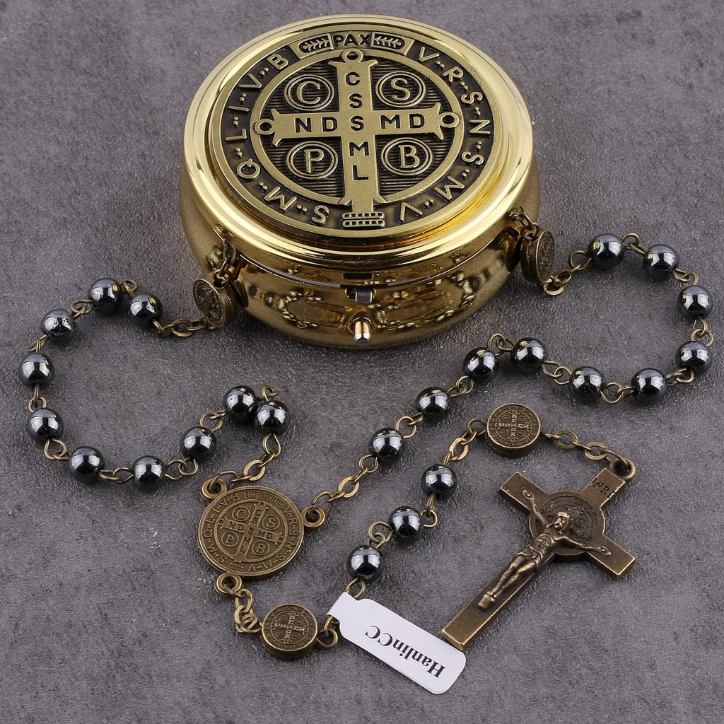 Catholic Rosary St.Benedict Hematite Necklace with Gold Plated Box