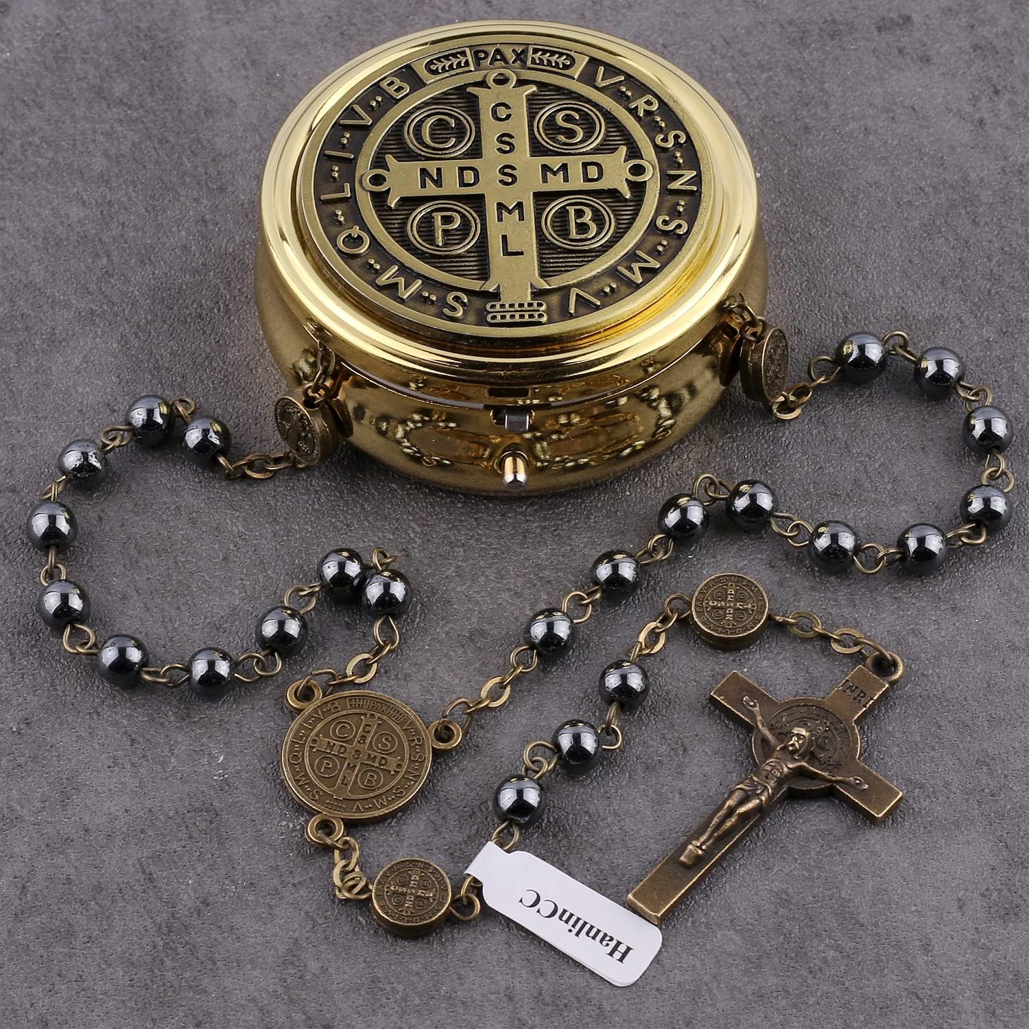 Catholic Rosary St.Benedict Hematite Necklace with Gold Plated Box