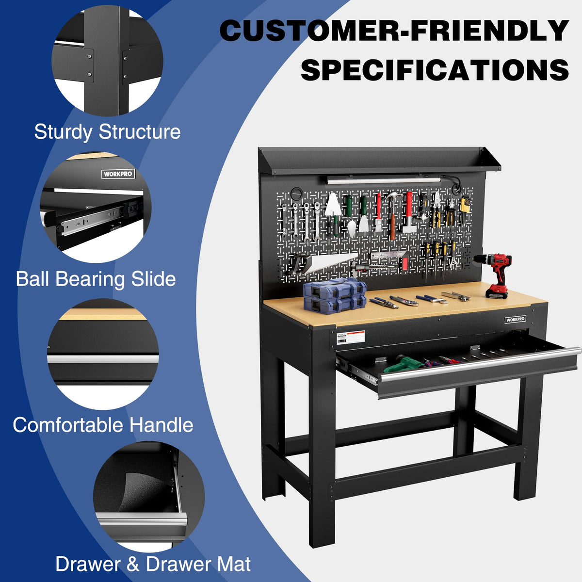 45" Workbench with Pegboard, Power Outlet & LED Light