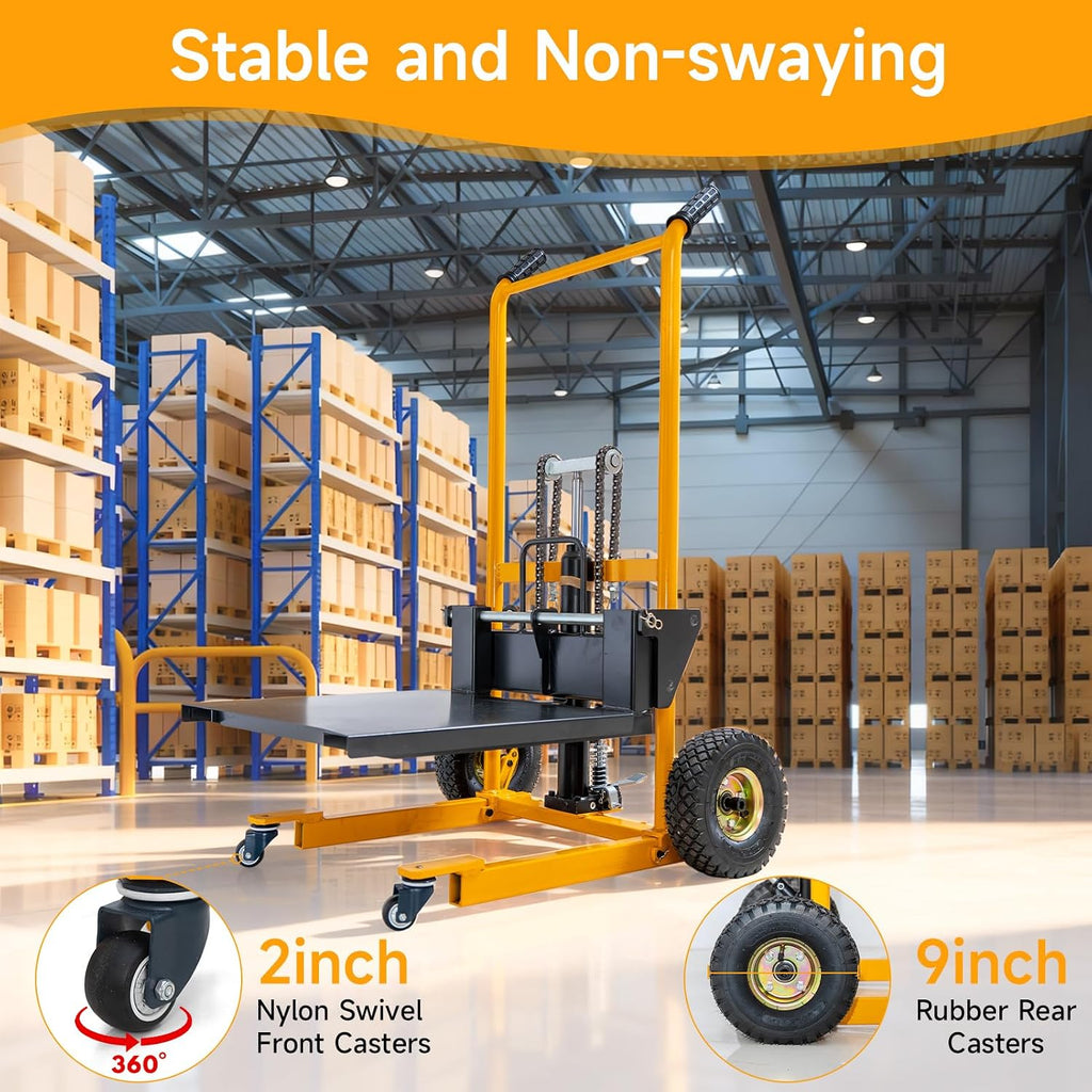 Foldable Hydraulic Material Lift Winch Stacker, 450 Lbs 35.8" Max Lift w/ 9" Wheels 360° Swivel Casters, Pallet Truck