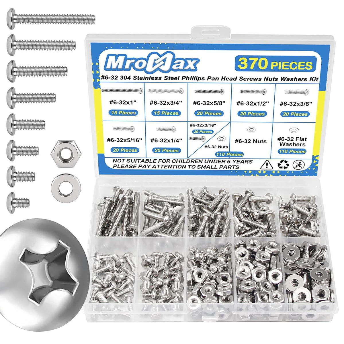 #6-32 x 3/16" to 1" Phillips Pan Head Machine Screws Kit with Nuts Washers
