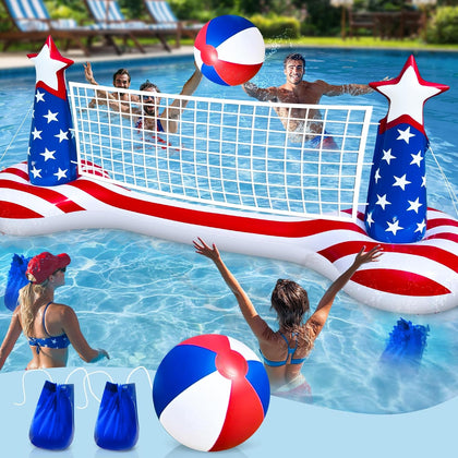 American Flag Pool Games Large Volleyball Net Pool Float Set | 9" Beach Ball, 2 Weight Bags, Large Floating Swimming
