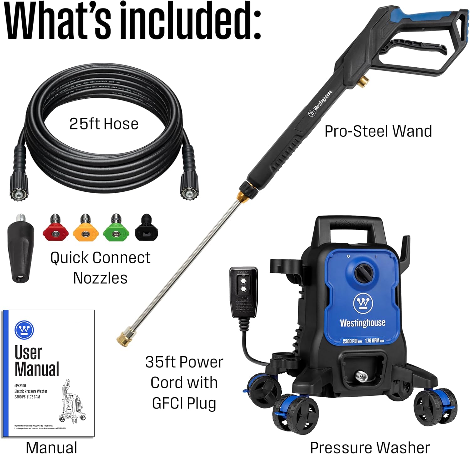 ePX3100 Electric Pressure Washer, 2300 Max PSI 1.76 Max GPM with Anti-Tipping Technology, Onboard Soap Tank