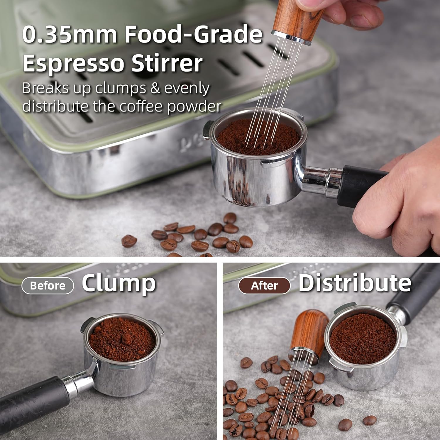 51mm Espresso Accessories Kit with Tamper, WDT Tool and Funnel | Rosewood spring-loaded espresso tamper and WDT tool