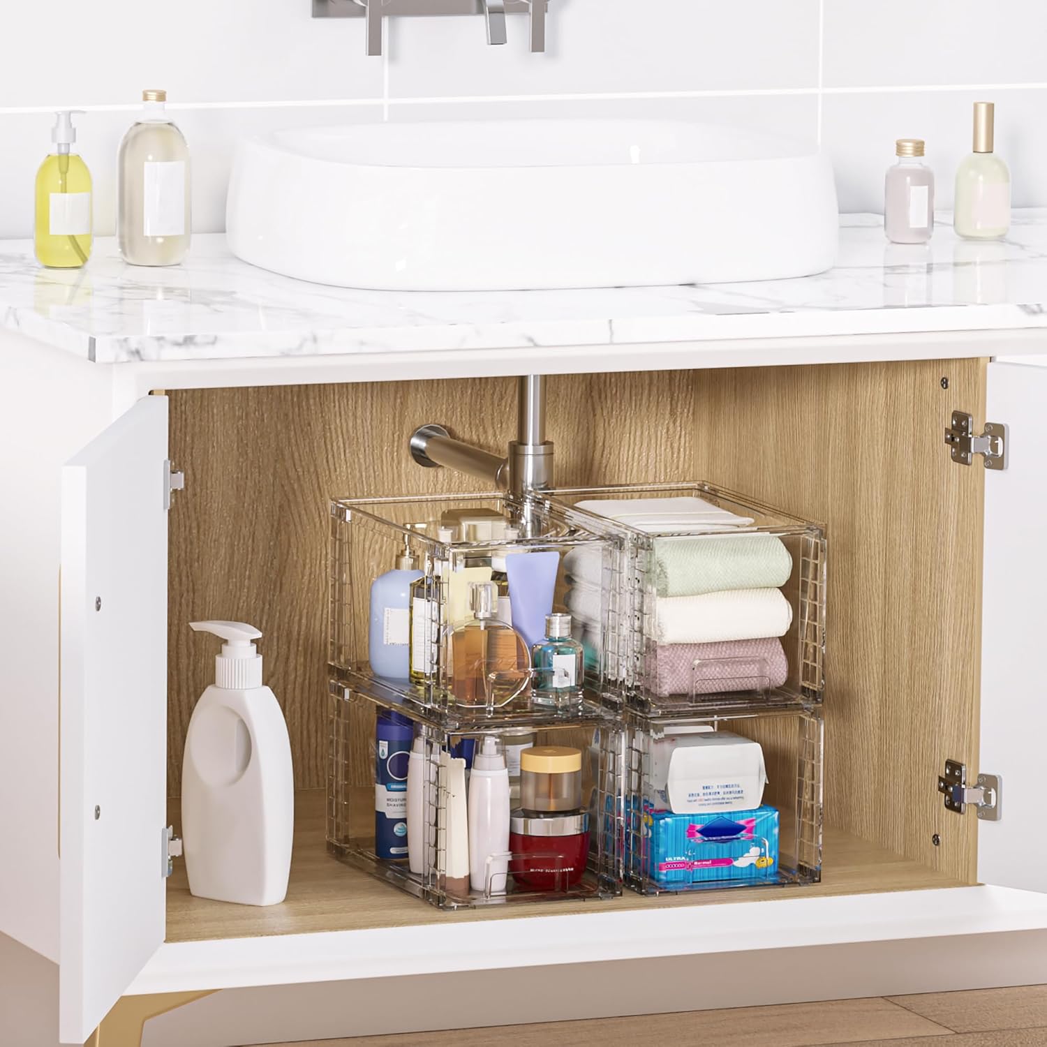 4 Pack Large Stackable Storage Drawers,Easily Assemble Acrylic Bathroom Closet Undersink Organizers and