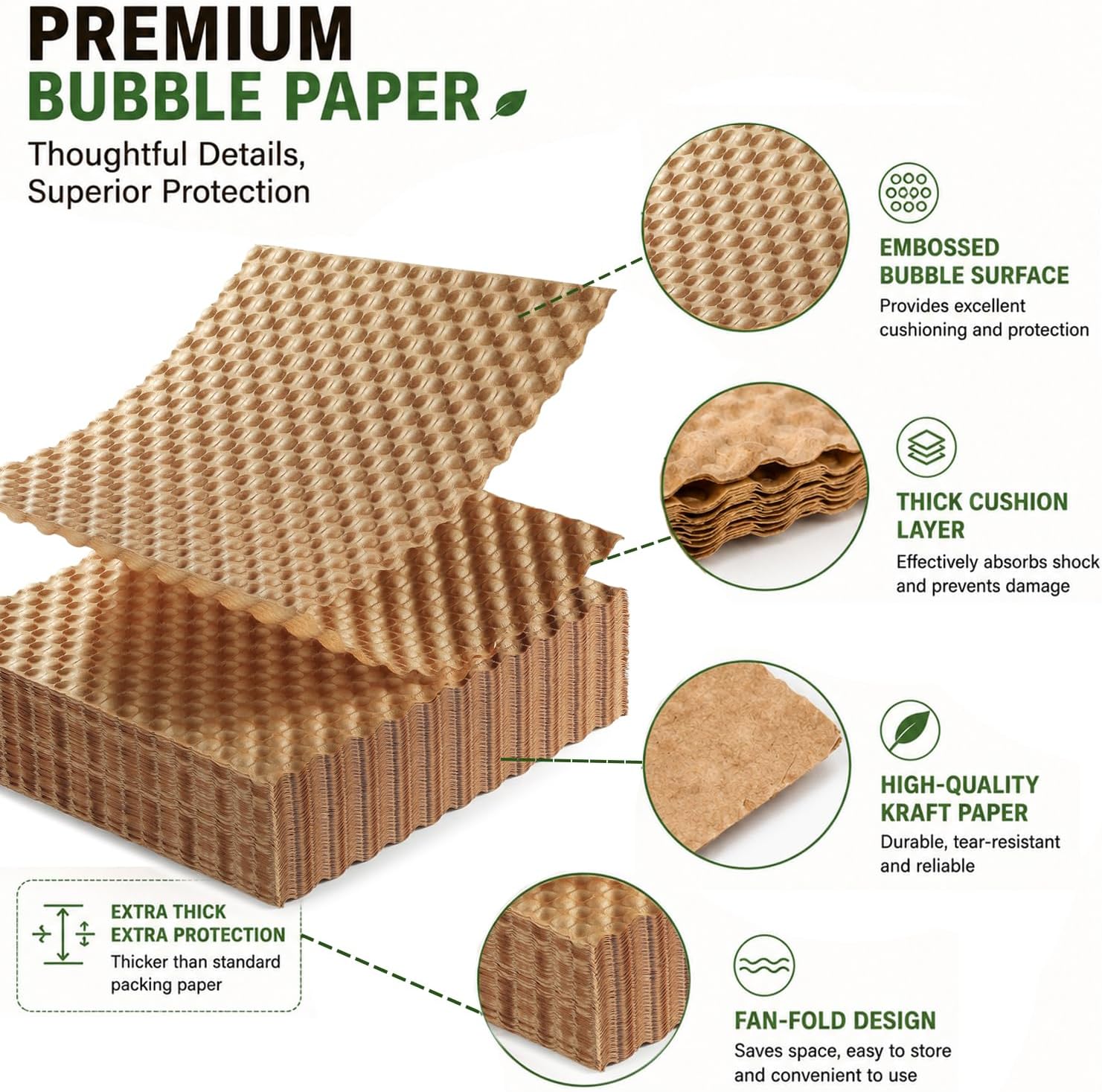 Bubble Paper Wrap Sheets for Packing, Moving, 12" x 12" 100 Sheets | Kraft Packing Paper Cushion Wrap,Recyclable