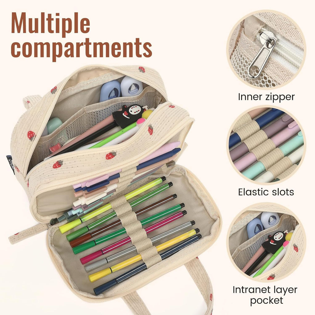 Large Pencil Case Pouch, Extra Big Pencil Bags with Zipper, Cute Corduroy Pencil Pouch with 5 Compartments, Pen Bag