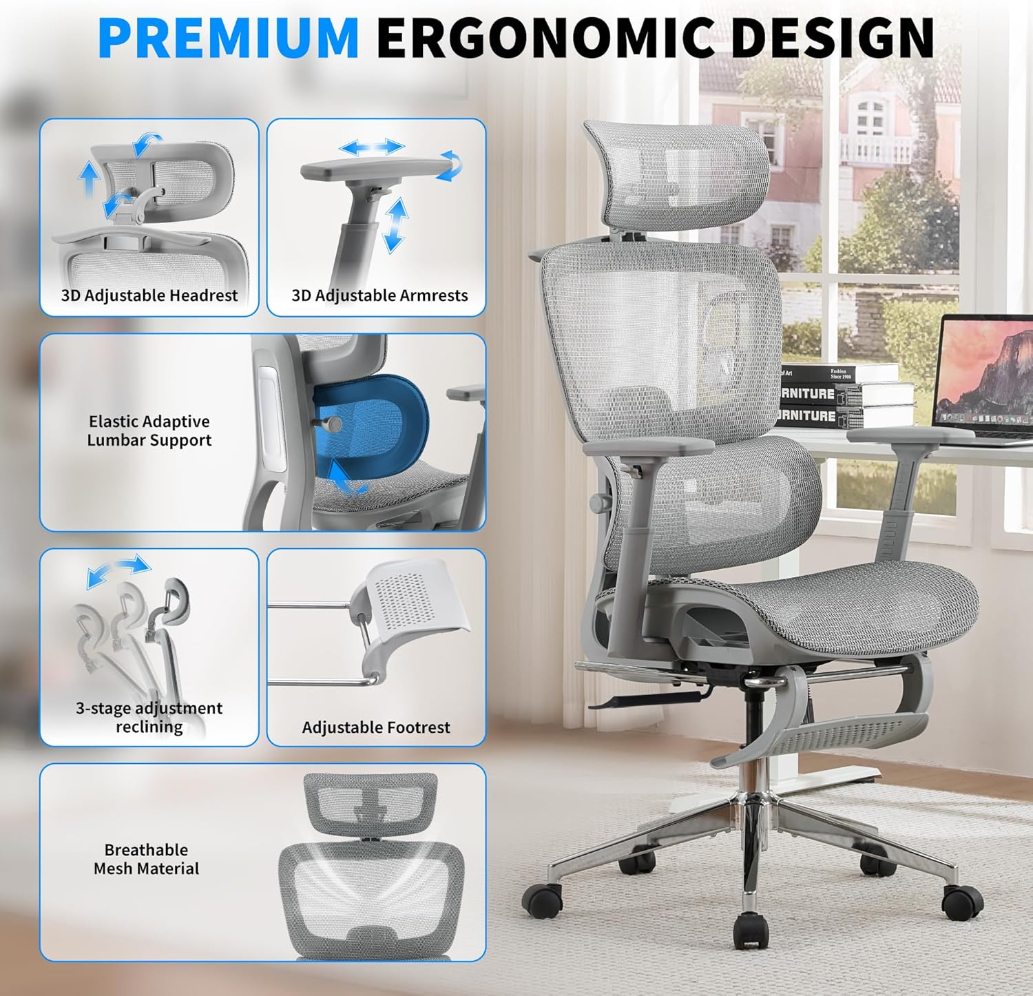 Mesh Ergonomic Office Chair with Footrest, Grey | High Back, Lumbar Support, Adjustable Headrest and Armrests, Gaming