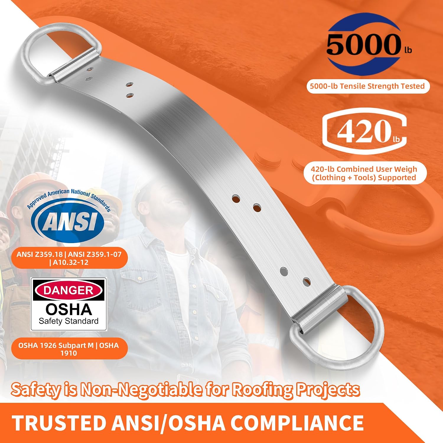 18" Permanent Roof Anchor Bracket - Double D-Ring Fall Protection Roof Safety Anchor, Lightweight & Discreet Design
