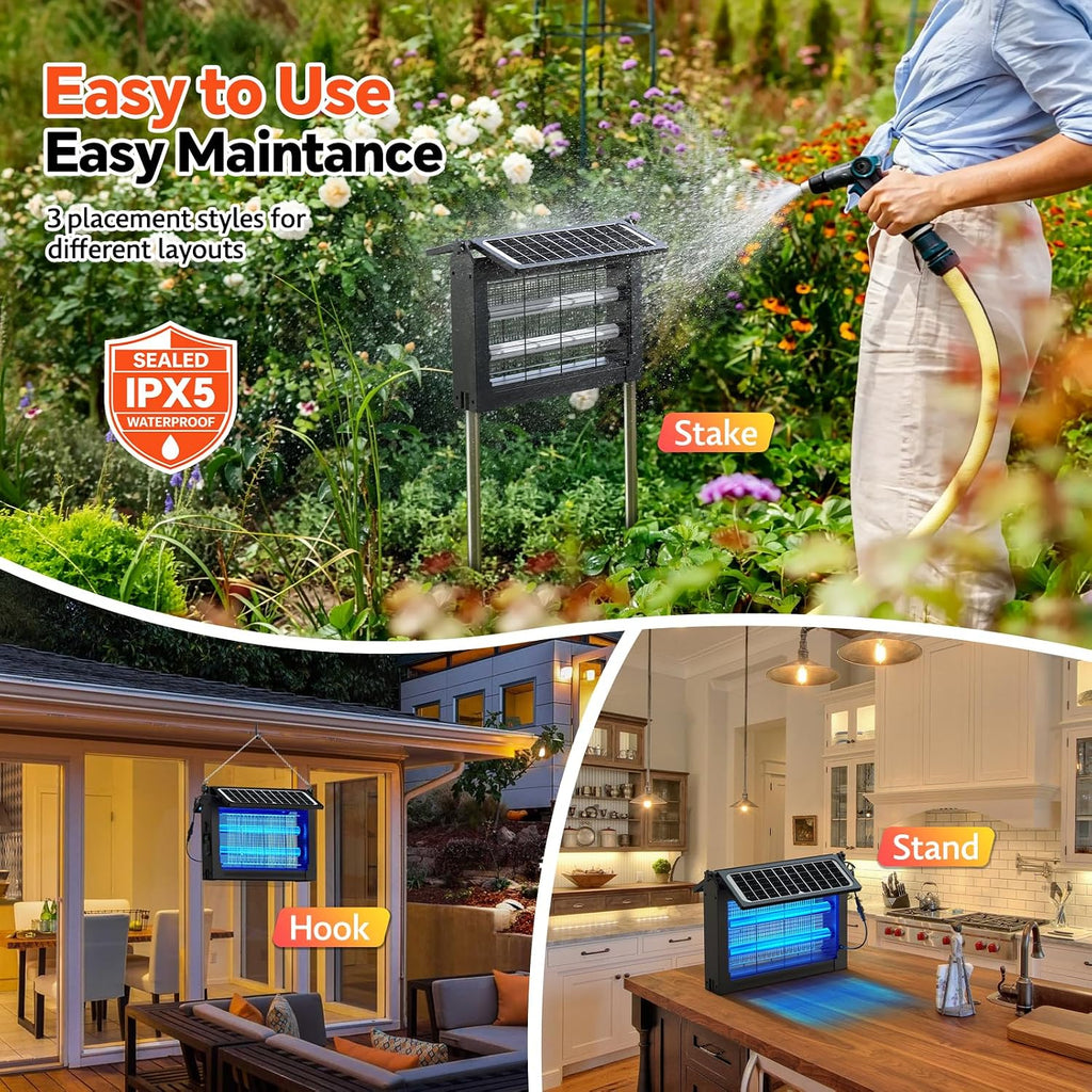 Solar Bug Zapper Dual Solar Panels, 4500V Mosquito Zapper Fly Traps Outdoor | Waterproof, Auto Mode, Portable &