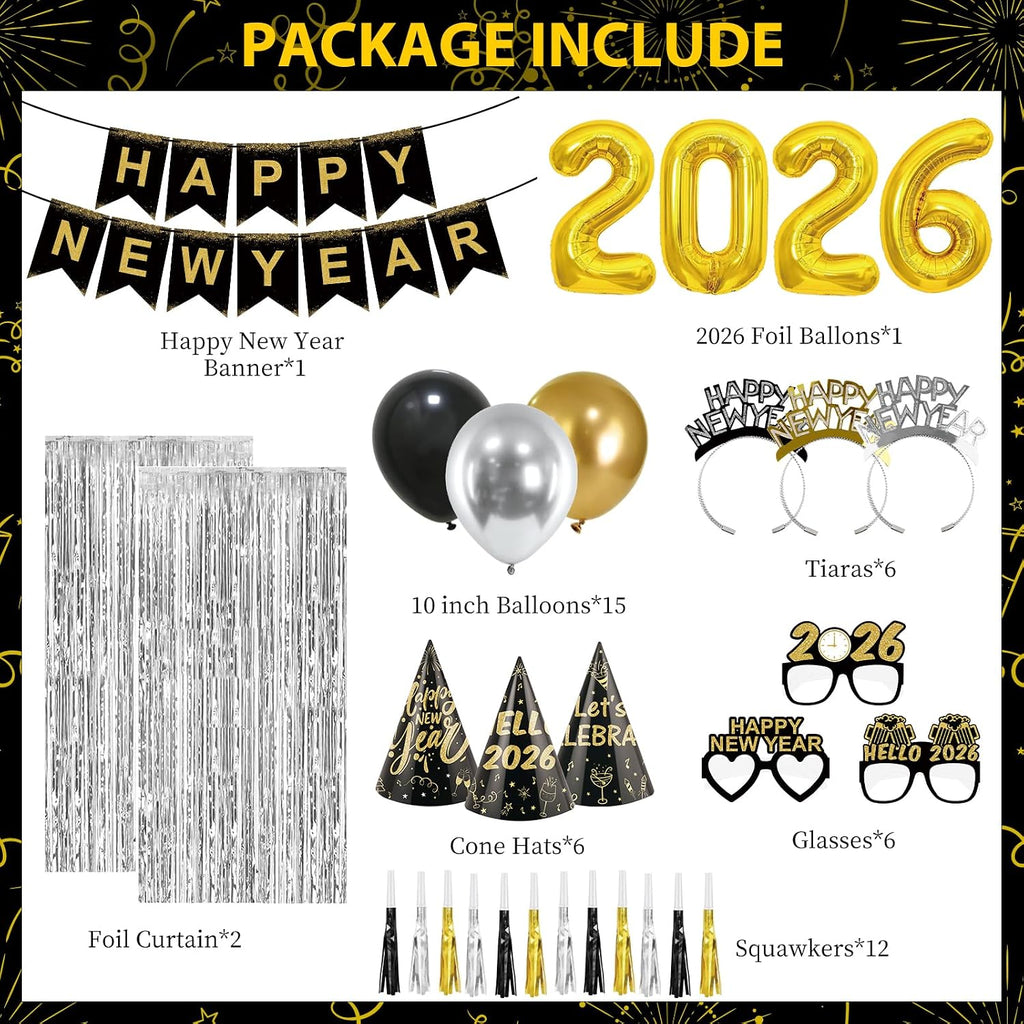 New Years Eve Party Supplies 2026 New Years Decorations Happy New Year Banner 2026 Balloons Hats Glasses Tiaras