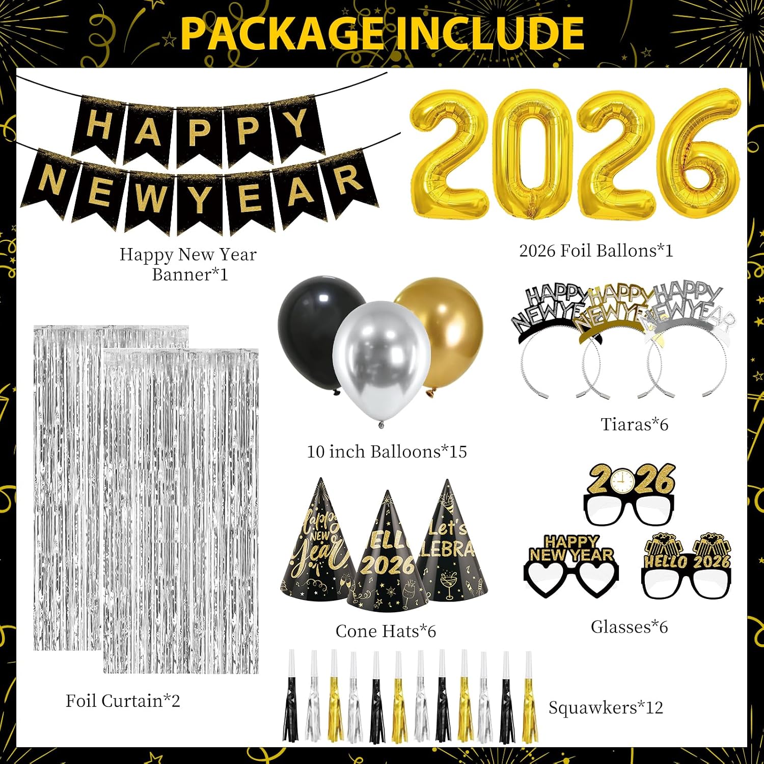 New Years Eve Party Supplies 2026 New Years Decorations Happy New Year Banner 2026 Balloons Hats Glasses Tiaras