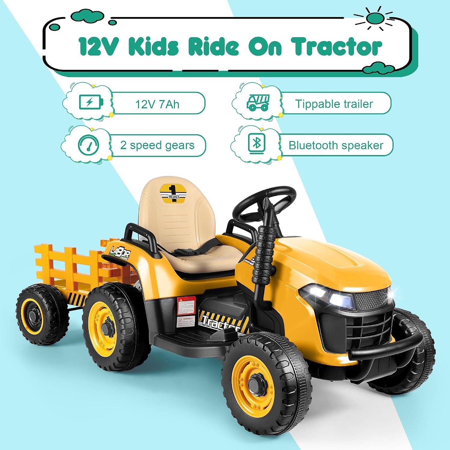 Ride On Tractor with Tiltable Trailer, 12V Battery Powered Ride On Toy w/Parent Remote Control, Music Player &