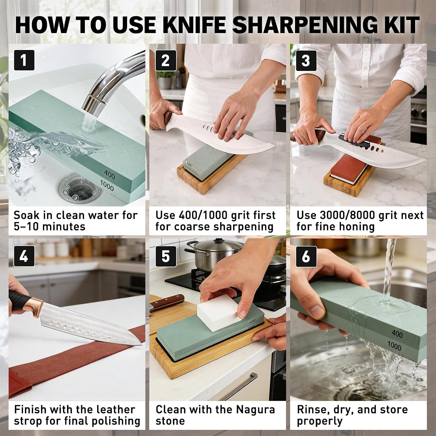 10-Piece Knife Sharpening Stone Set, Professional Whetstone 4 Side 400/1000 3000/8000 Grit, Whetstone Knife Sharpener