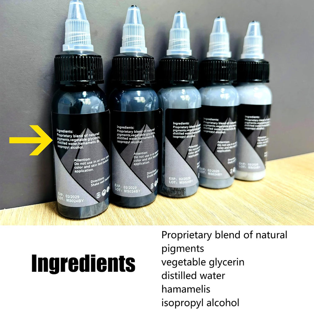 Grey Series Tattoo Ink Set - 5 Bottles (1 oz Each) Includes: Black Magic, Knight's Armor, Silent Night, Pelican Gray