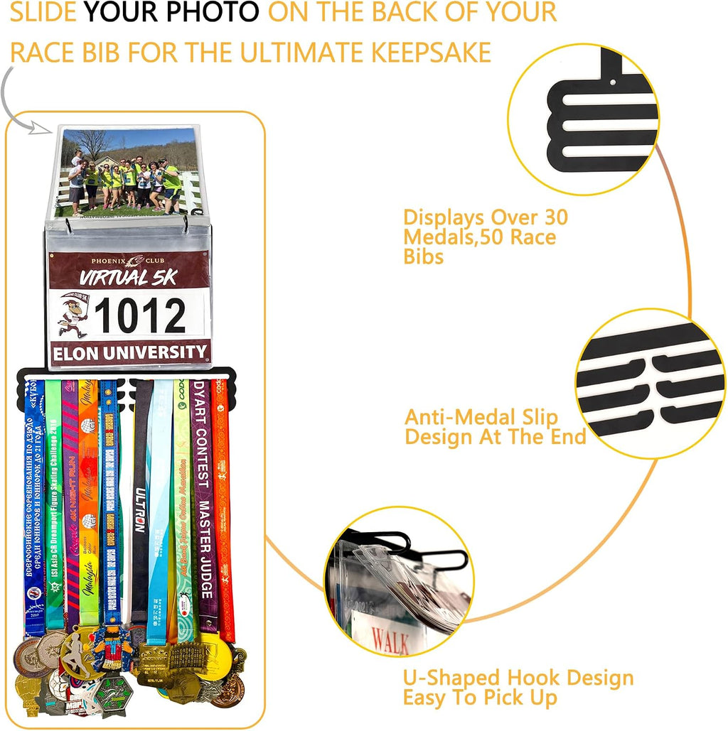 Medal Hanger Display for Runner - Race Bib Holder - Medal Holder Display Rack - 3 Rows Medal Hanger - Sturdy Black
