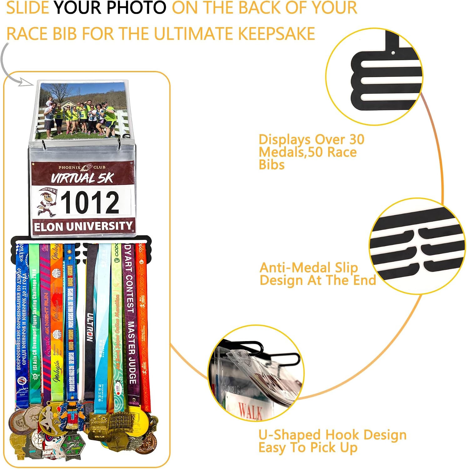 Medal Hanger Display for Runner - Race Bib Holder - Medal Holder Display Rack - 3 Rows Medal Hanger - Sturdy Black