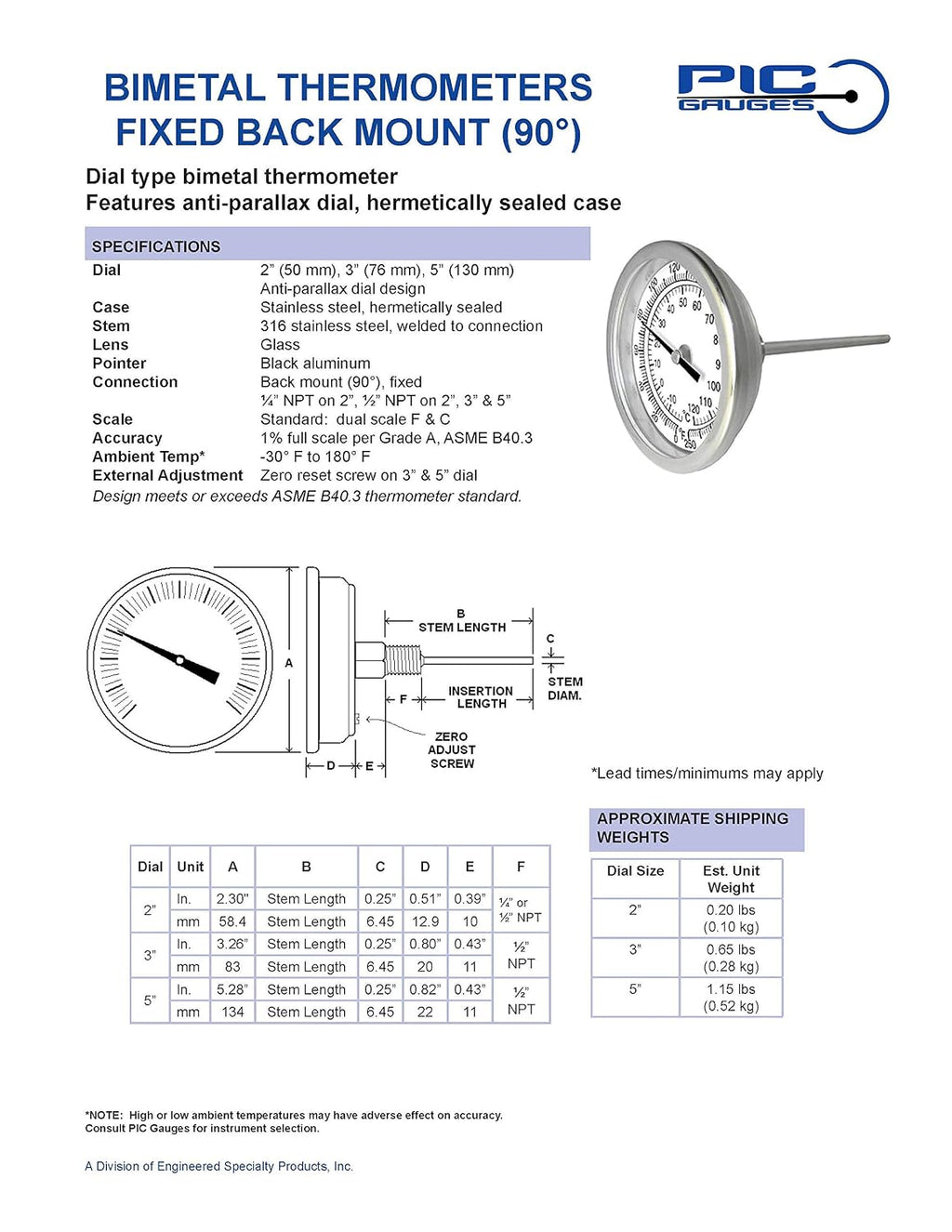 PIC Gauges B3B6-AA SS Case Bimetal Thermometer, 316 SS Stem, Back Angle Connection, 3" Dial, 6" Stem Length, -40/120° F & -40/50° C Temperature Range