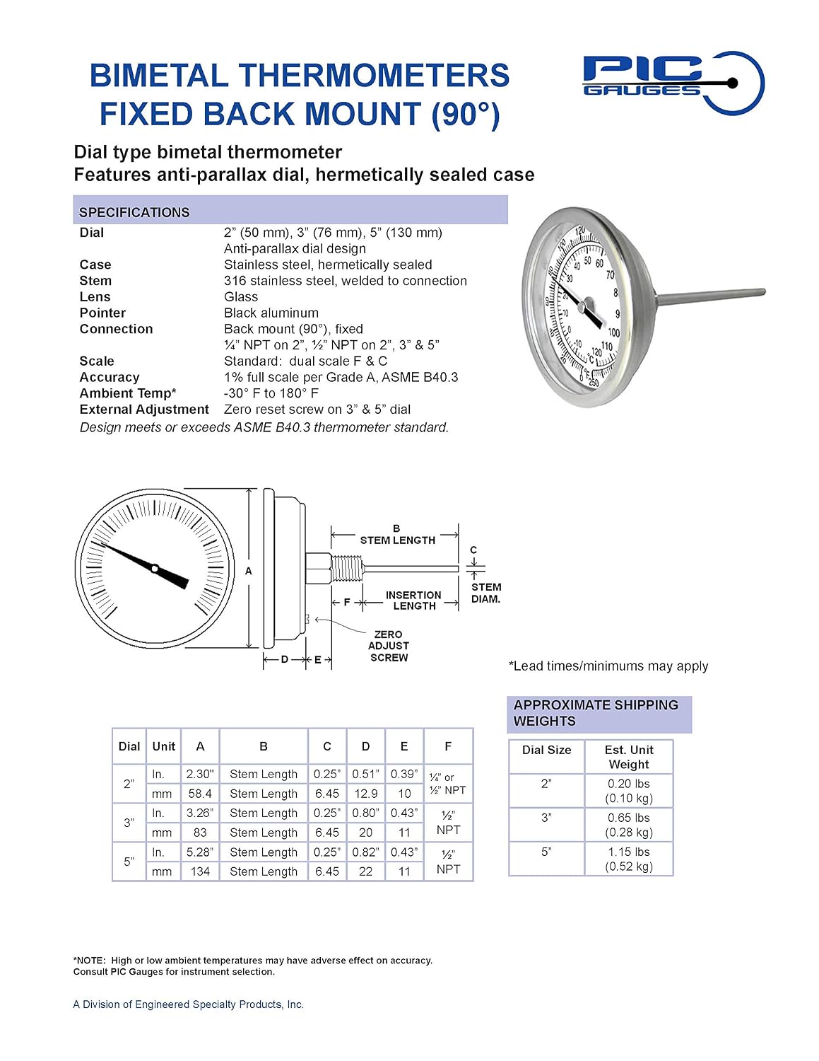 PIC Gauges B3B6-AA SS Case Bimetal Thermometer, 316 SS Stem, Back Angle Connection, 3" Dial, 6" Stem Length, -40/120° F & -40/50° C Temperature Range