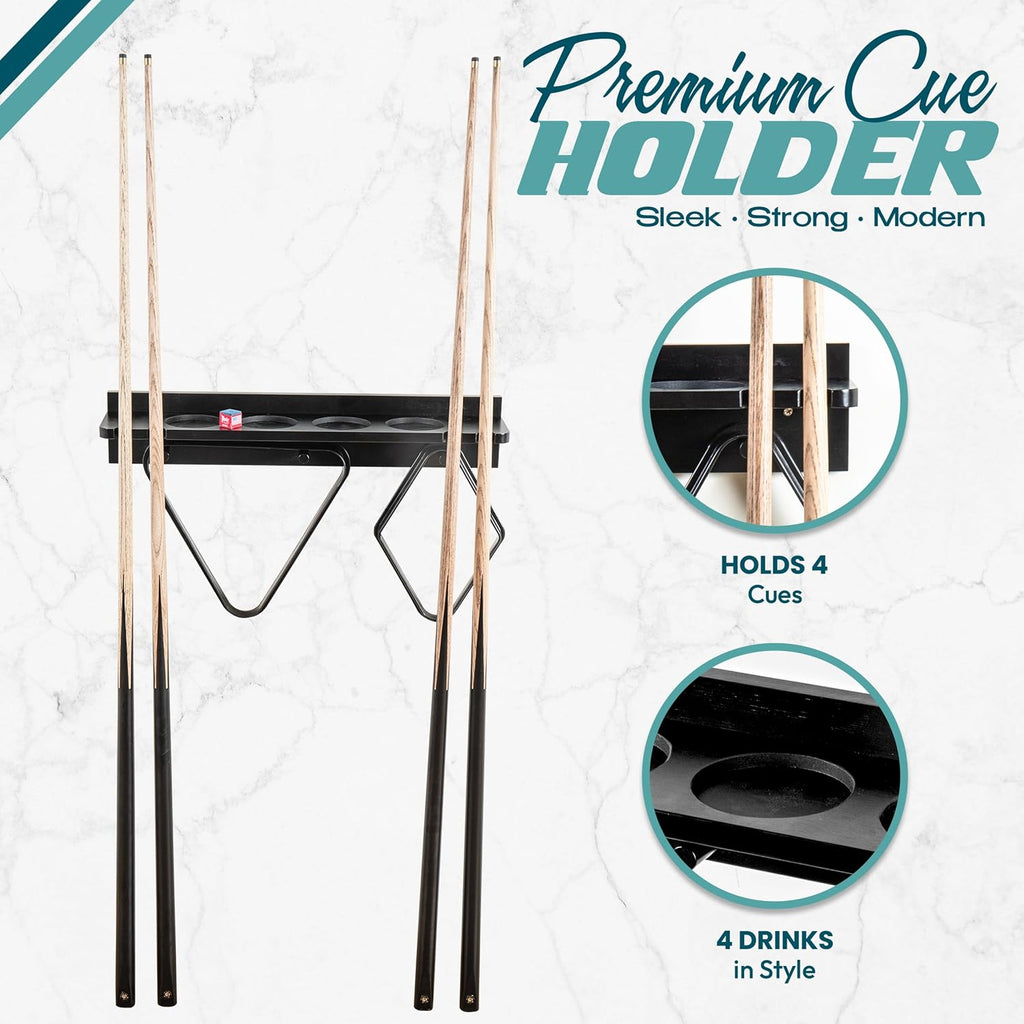 Pool Stick Holder Wall Mount - 4 Pool Cue Rack with Accessories Shelf and 4 Drink Holders - Bamboo Billiard Cue Rack