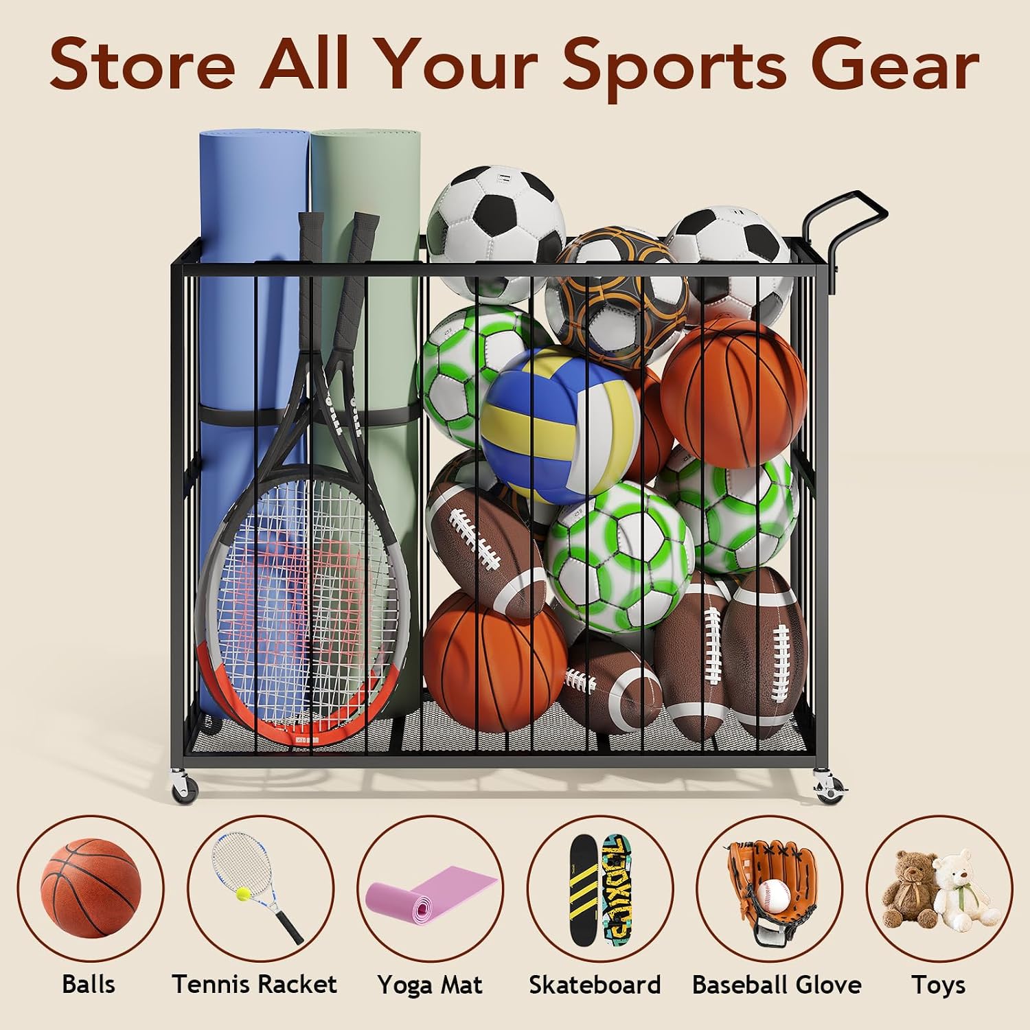 Ball Storage Bin Rolling Sports Ball Cart, Metal Garage Organizer Sport Rack, Ball Basket Storage, Ball Cage for