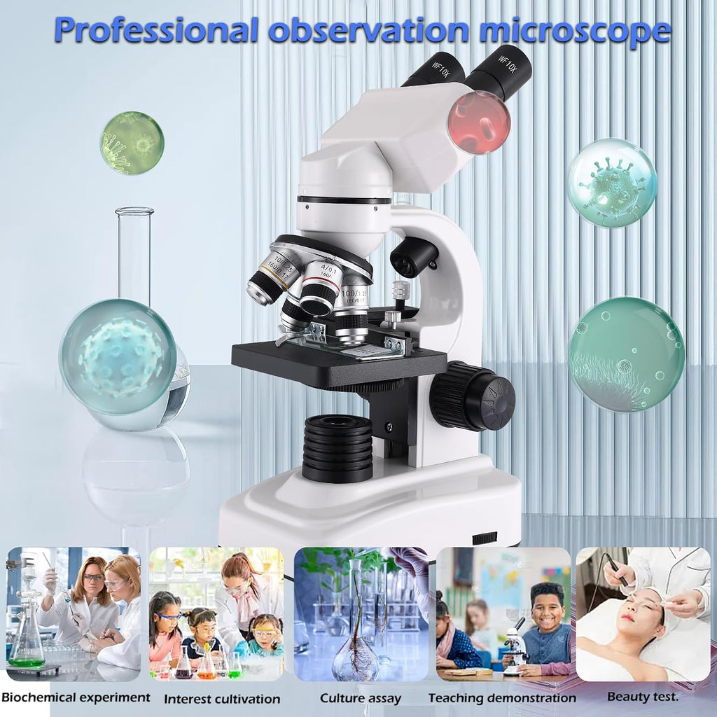 Compound Microscope，40X-2500X ，WF10x and WF25x eyepieces, Dual LED Lighting and Two-Layer Mechanical Stage，Microscope