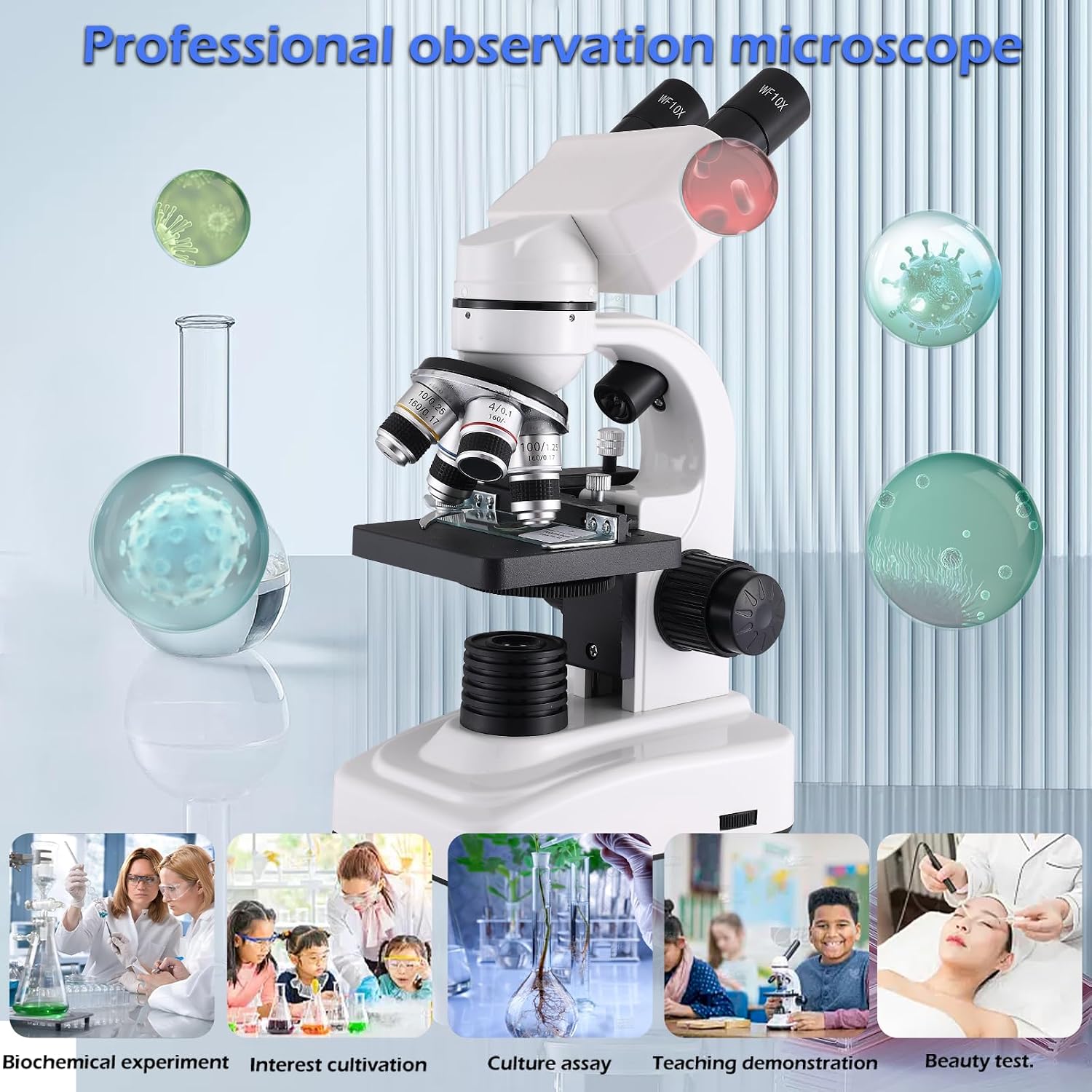 Compound Microscope，40X-2500X ，WF10x and WF25x eyepieces, Dual LED Lighting and Two-Layer Mechanical Stage，Microscope