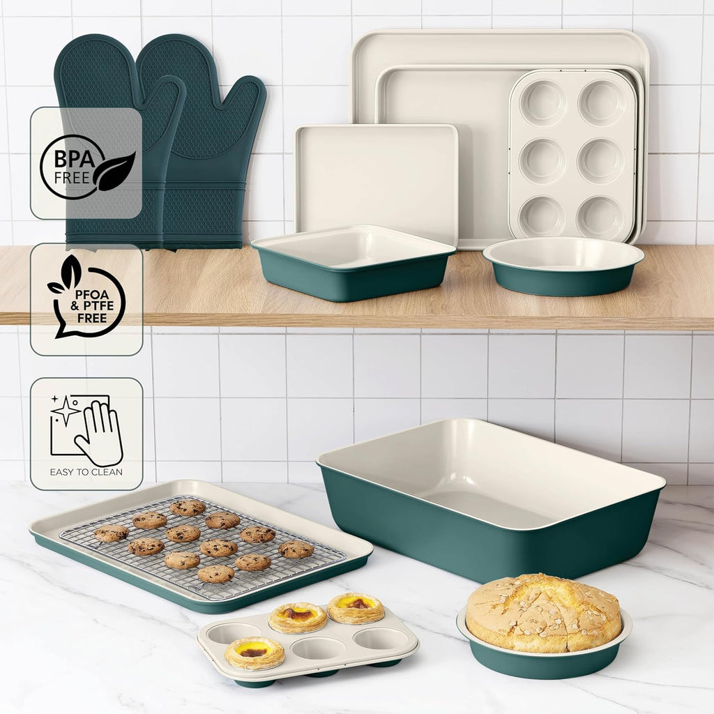 Nonstick Stackable Bakeware Set - Deluxe Heavy Duty, Durable, Easy Release Baking Set, Sage, 13 Pcs