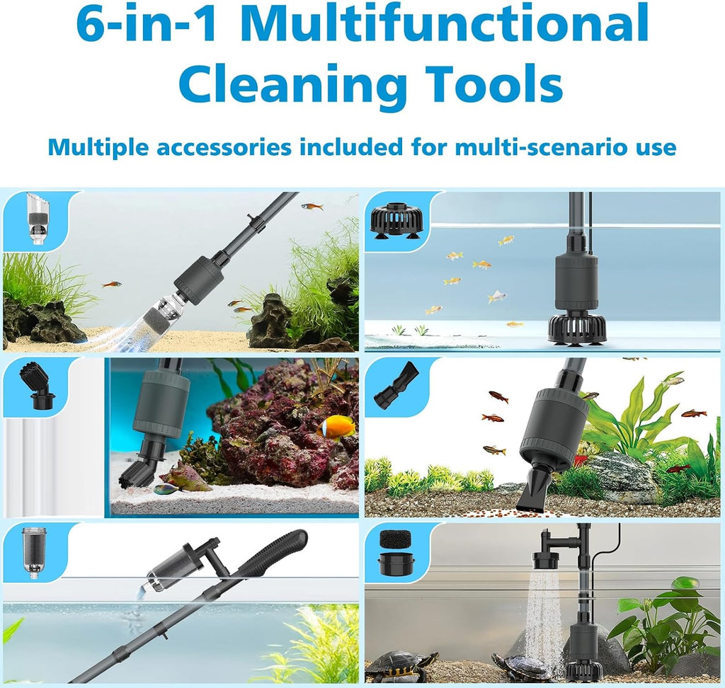 Electric Aquarium Vacuum Gravel Cleaner, 25W 6 in 1 Multifunction Fish Tank Cleaner Kit Gravel Vacuum for Fish Tank