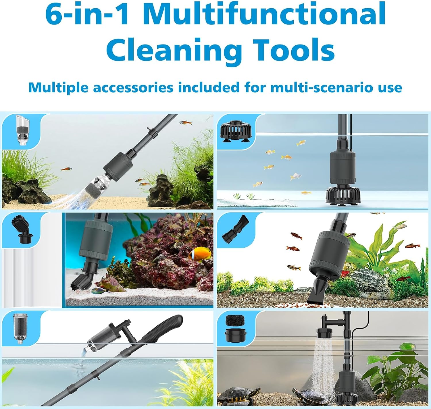 Electric Aquarium Vacuum Gravel Cleaner, 25W 6 in 1 Multifunction Fish Tank Cleaner Kit Gravel Vacuum for Fish Tank