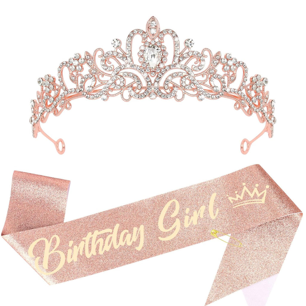 Birthday Girl Crown and Sash - Rose Gold Tiara Birthday Decorations for Women and Girls