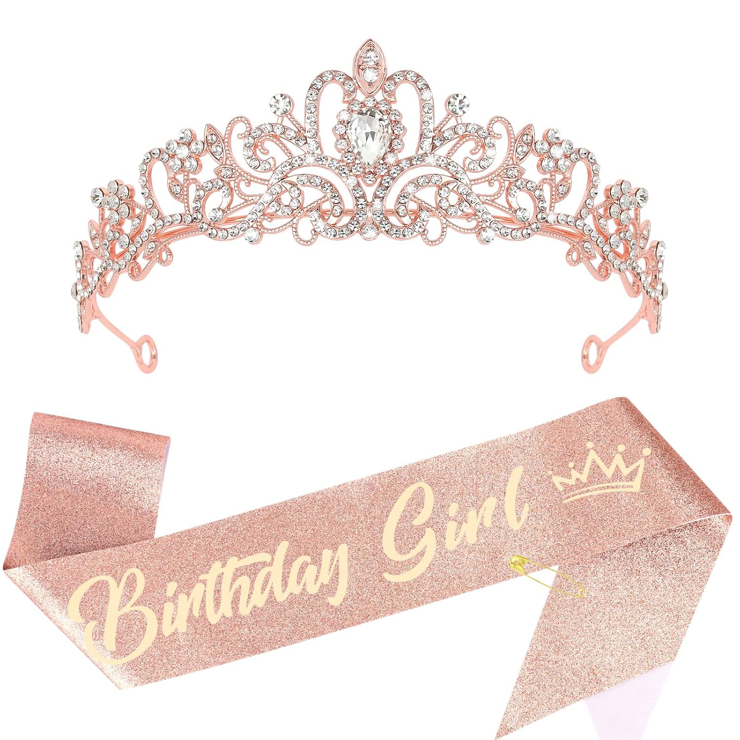 Birthday Girl Crown and Sash - Rose Gold Tiara Birthday Decorations for Women and Girls