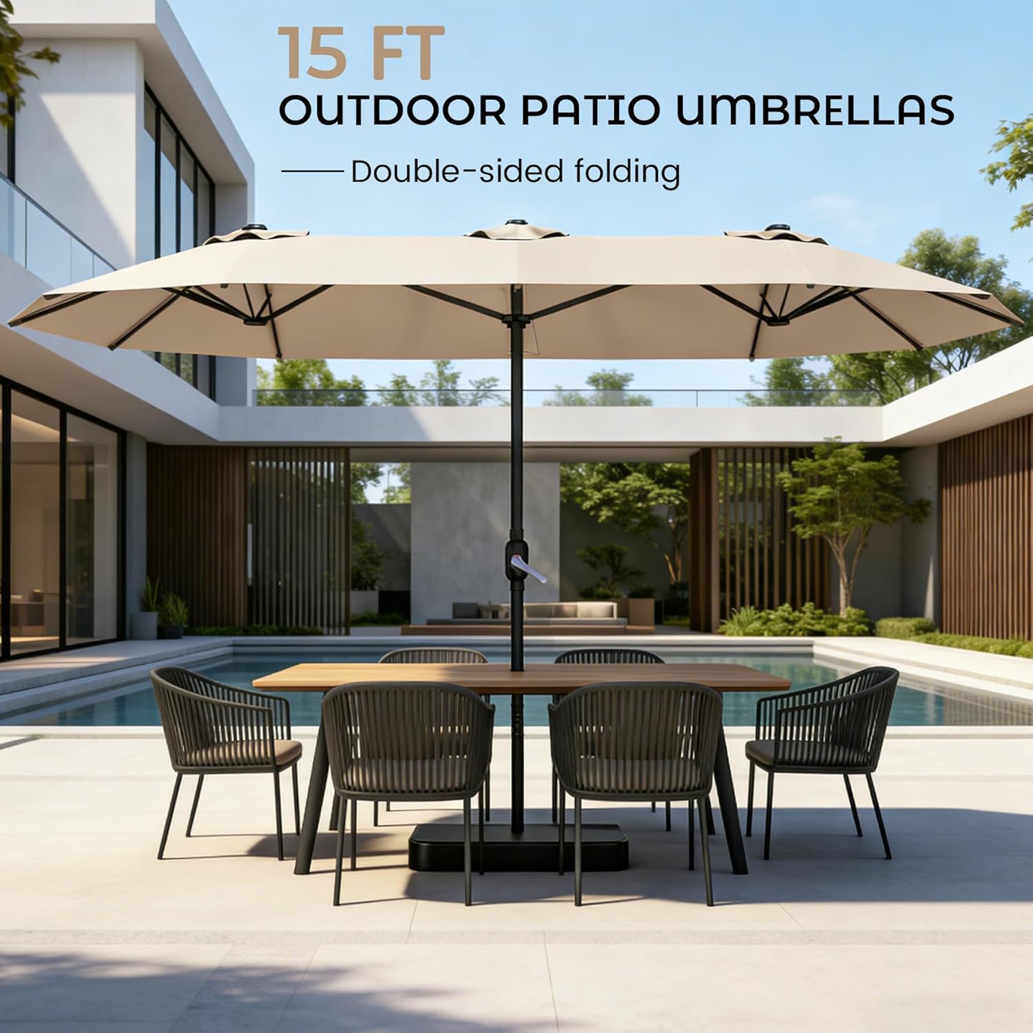 15ft Patio Umbrella with Base,Large Outdoor Double-Sided Rectangle Umbrella with Crank Handle, Market Umbrella for