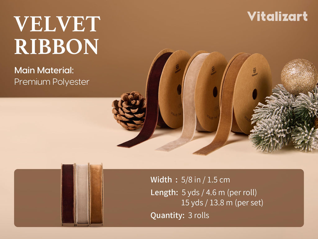 Brown Velvet Ribbon 5/8" Christmas Ribbon Set Plush Texture