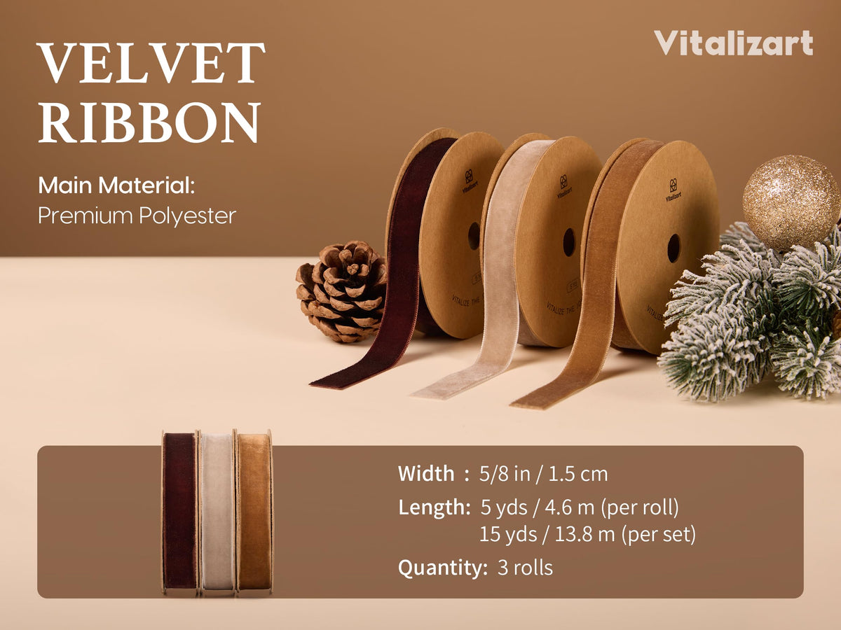 Brown Velvet Ribbon 5/8" Christmas Ribbon Set Plush Texture